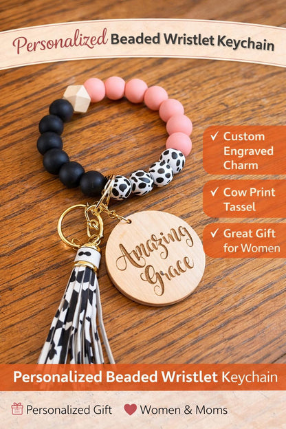 Personalized Beaded Wristlet Keychain | Cow Print Tassel Key Ring | Custom Wood Charm - Crimson and Lace LLC