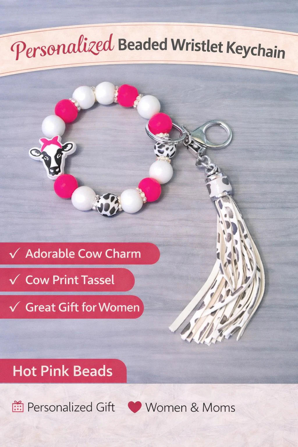 Personalized Beaded Wristlet Keychain with Charm | Cow Print Tassel | Custom Name Keychain - Crimson and Lace LLC