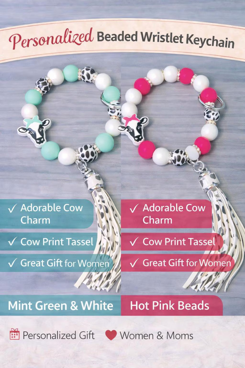 Personalized Beaded Wristlet Keychain with Charm | Cow Print Tassel | Custom Name Keychain - Crimson and Lace LLC