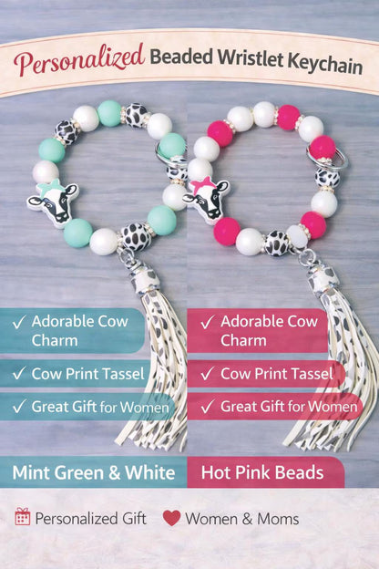 Personalized Beaded Wristlet Keychain with Charm | Cow Print Tassel | Custom Name Keychain - Crimson and Lace LLC