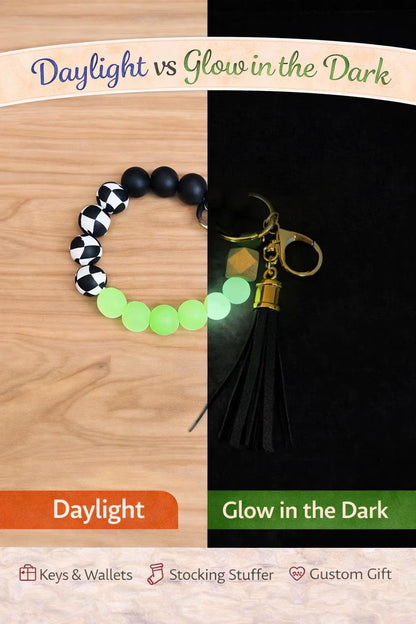 Glow in the Dark Beaded Wristlet Keychain | Black Checkered Beads | Tassel Keychain | Fun Gift for Women and Teens - Crimson and Lace LLC