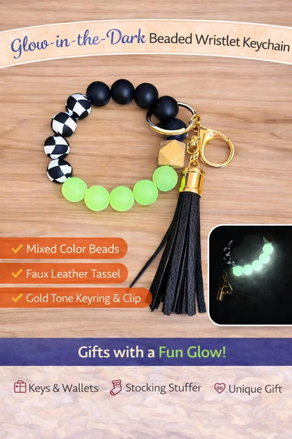 Glow in the Dark Beaded Wristlet Keychain | Black Checkered Beads | Tassel Keychain | Fun Gift for Women and Teens - Crimson and Lace LLC