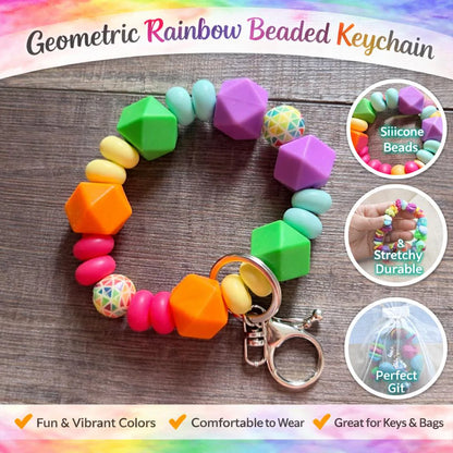 Geometric Rainbow Beaded Keychain | Silicone Wristlet | Stretchy Beaded Key Ring - Crimson and Lace LLC