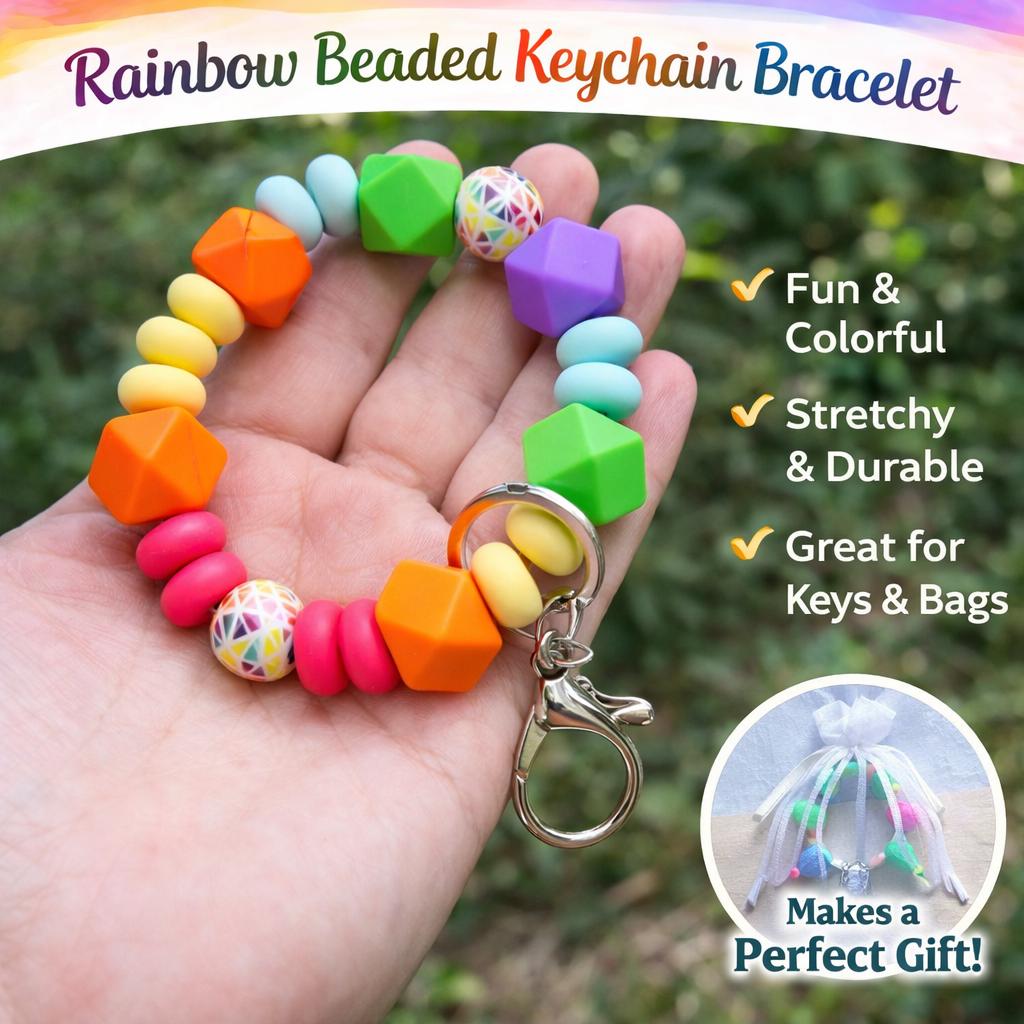 Geometric Rainbow Beaded Keychain | Silicone Wristlet | Stretchy Beaded Key Ring - Crimson and Lace LLC