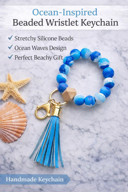 Blue Beachy Beaded Wristlet Keychain with Tassel | Ocean-Inspired Silicone Beads - Crimson and Lace LLC