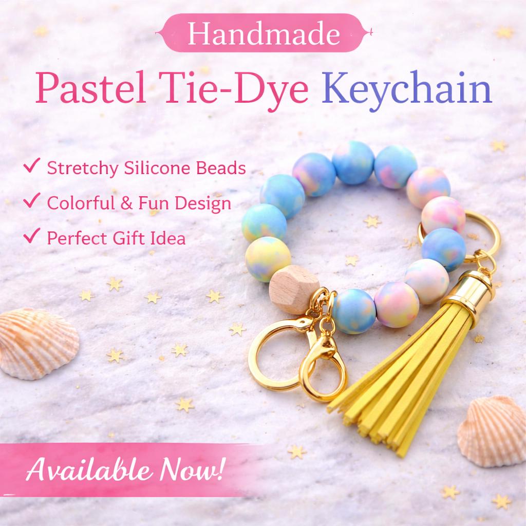 Tie Dye Beaded Wristlet Keychain | Stretchy Silicone Key Ring with Tassel - Crimson and Lace LLC