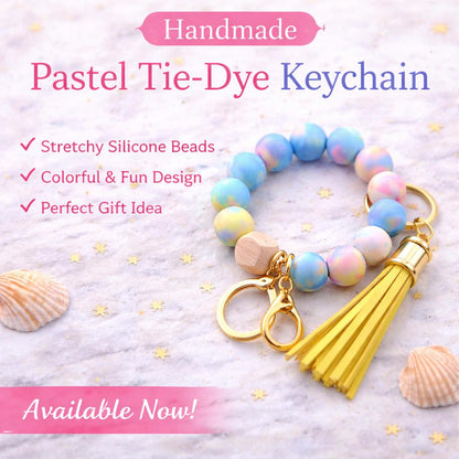 Tie Dye Beaded Wristlet Keychain | Stretchy Silicone Key Ring with Tassel - Crimson and Lace LLC