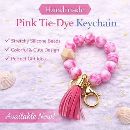 Tie Dye Beaded Wristlet Keychain | Stretchy Silicone Key Ring with Tassel - Crimson and Lace LLC