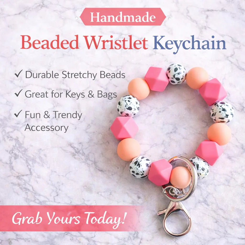 Coral & Peach Silicone Beaded Wristlet Keychain | Stretchy Bracelet Key Ring with Lobster Clasp - Crimson and Lace LLC