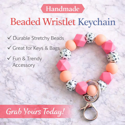 Coral & Peach Silicone Beaded Wristlet Keychain | Stretchy Bracelet Key Ring with Lobster Clasp - Crimson and Lace LLC