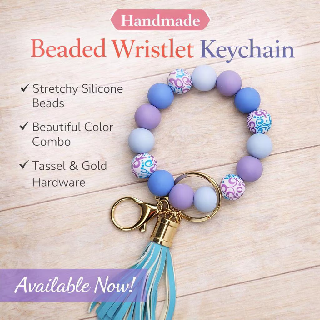 Blue and Purple Beaded Wristlet | Silicone Bead Keychain with Tasse - Crimson and Lace LLC