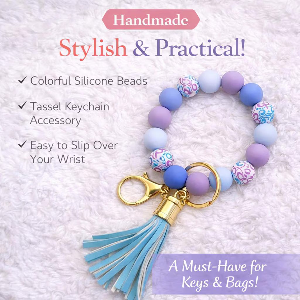 Blue and Purple Beaded Wristlet | Silicone Bead Keychain with Tasse - Crimson and Lace LLC
