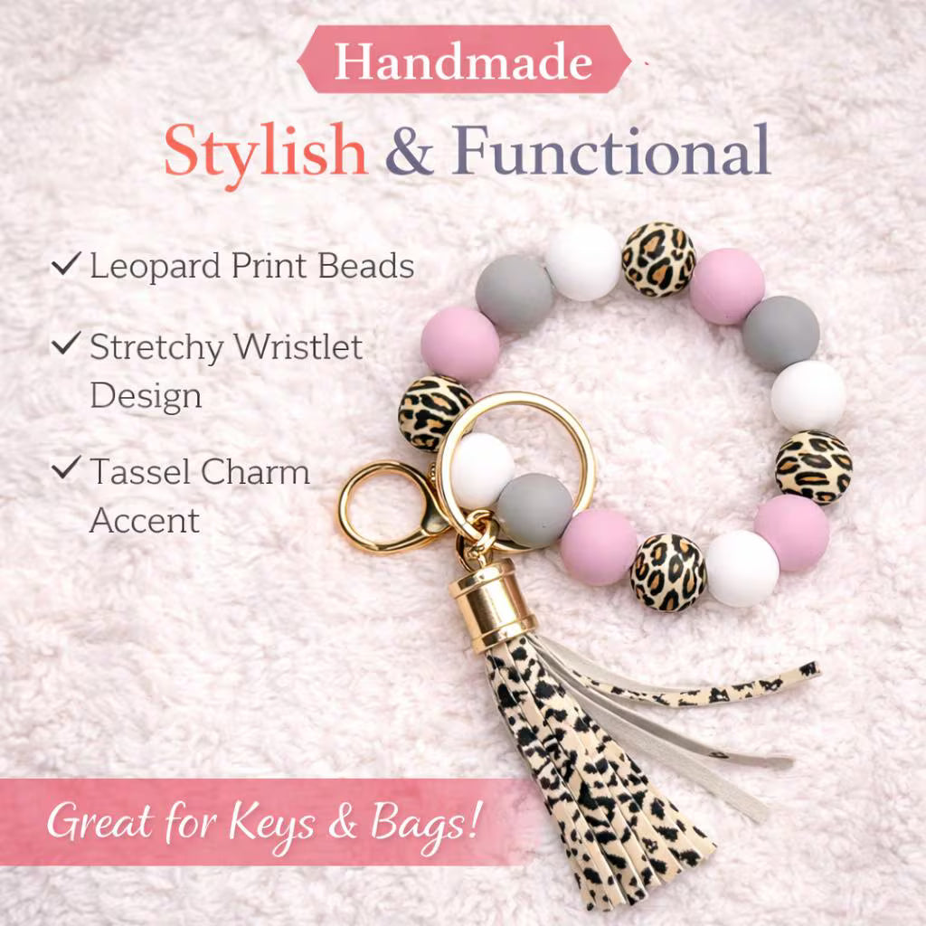 Leopard Print Beaded Wristlet Keychain | Silicone Bead Keyring with Tassel - Crimson and Lace LLC