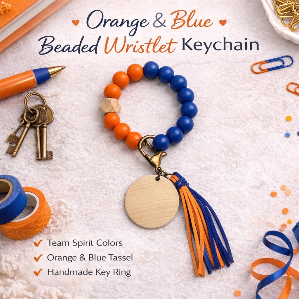 Orange and Blue Beaded Wristlet Keychain - Crimson and Lace LLC