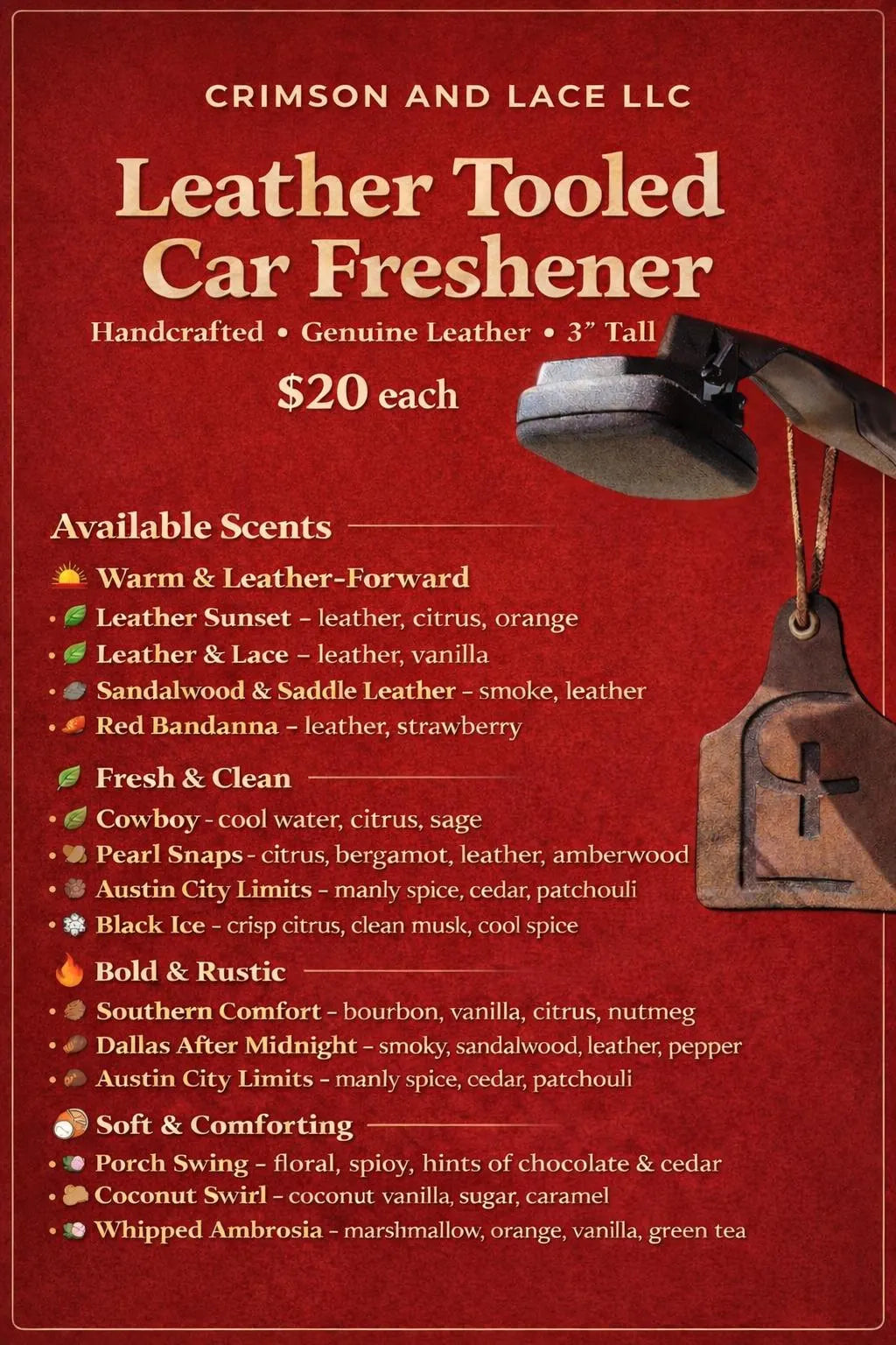 CnL Brand | Leather Car Freshener - Crimson and Lace LLC