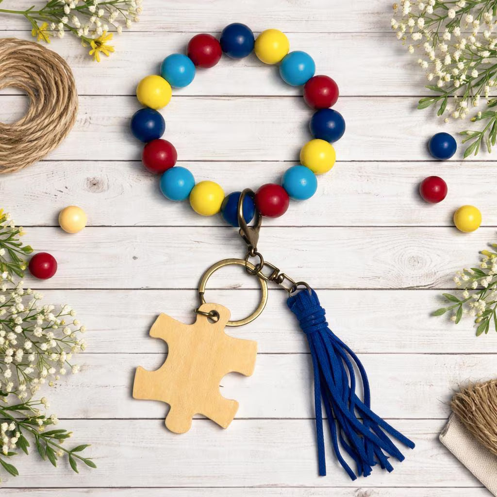 Autism Awareness Beaded Wristlet Keychain | Puzzle Piece Charm | Gift for Moms & Teachers - Crimson and Lace LLC