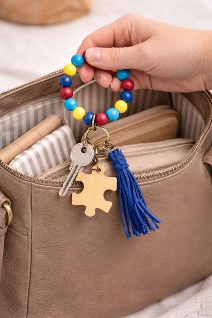 Autism Awareness Beaded Wristlet Keychain | Puzzle Piece Charm | Gift for Moms & Teachers - Crimson and Lace LLC