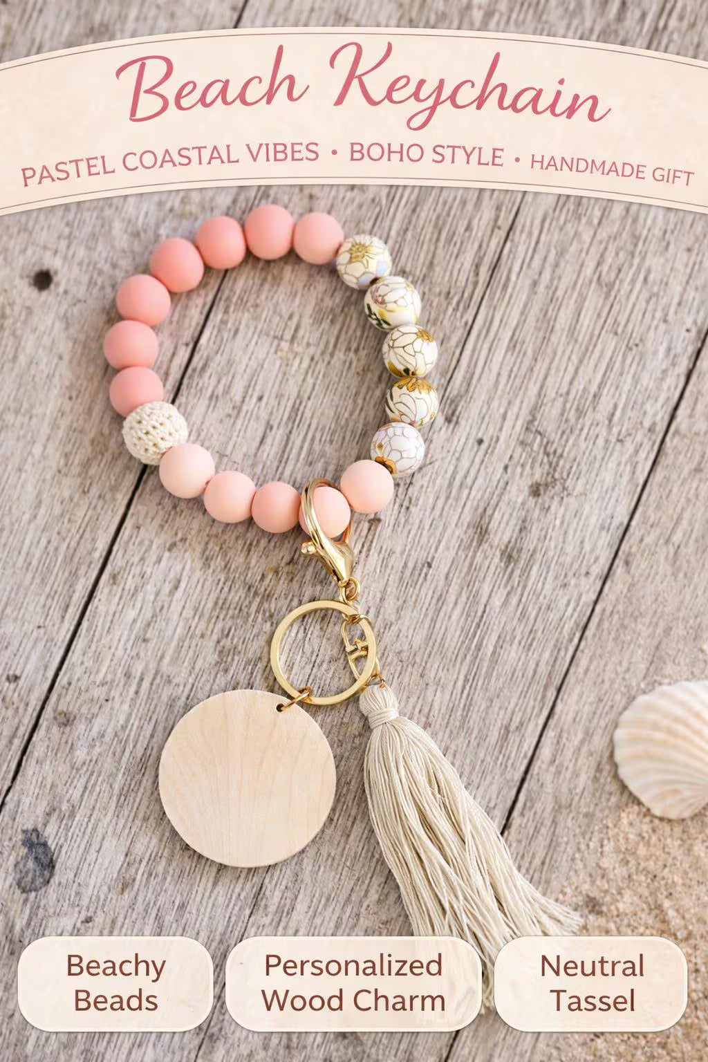 Floral Beach Beaded Key Ring with Tassel | Engraved Wood Charm | Gift for Her - Crimson and Lace LLC