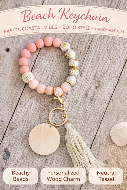 Floral Beach Beaded Key Ring with Tassel | Engraved Wood Charm | Gift for Her - Crimson and Lace LLC
