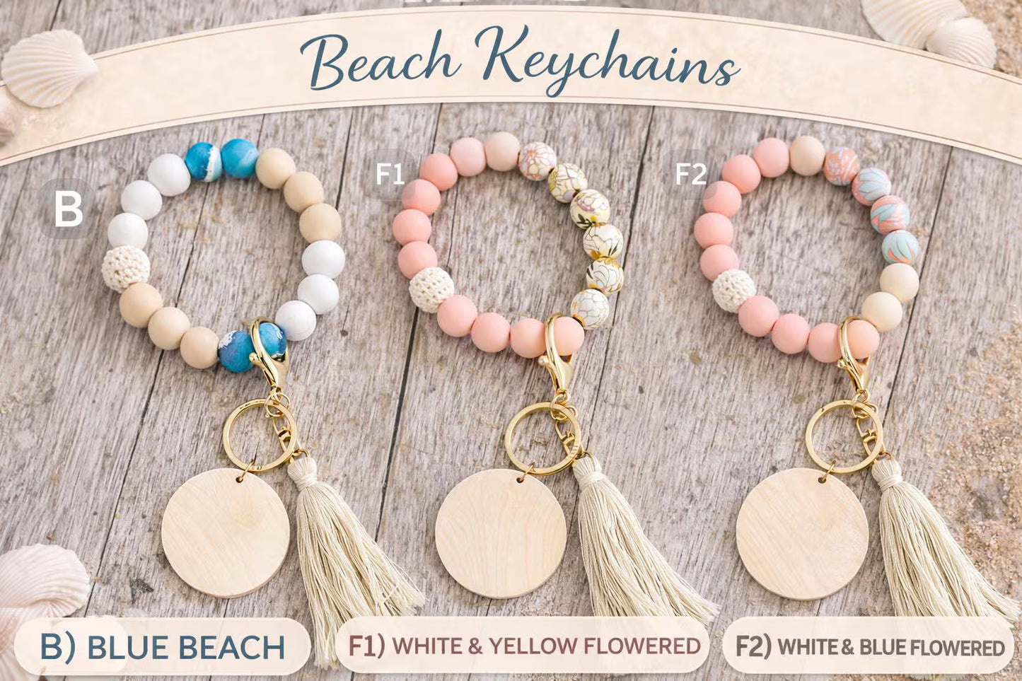 Floral Beach Beaded Key Ring with Tassel | Engraved Wood Charm | Gift for Her - Crimson and Lace LLC