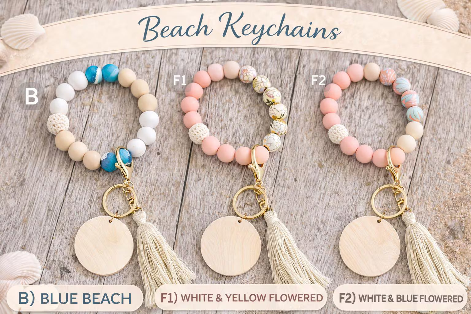 Floral Beach Beaded Key Ring with Tassel | Engraved Wood Charm | Gift for Her - Crimson and Lace LLC