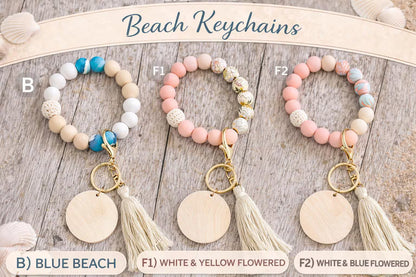 Floral Beach Beaded Key Ring with Tassel | Engraved Wood Charm | Gift for Her - Crimson and Lace LLC