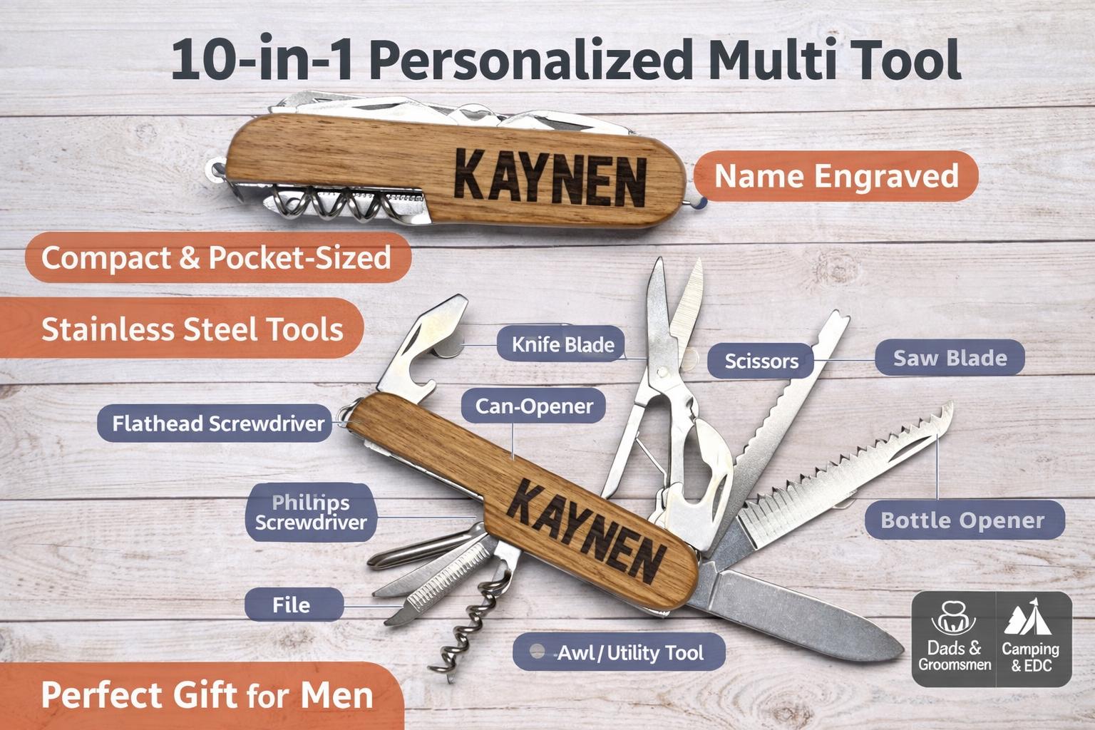 Personalized Wooden Multi Tool | 10 in 1 Pocket Knife | Custom Engraved Name Tool - Crimson and Lace LLC