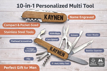 Personalized Wooden Multi Tool | 10 in 1 Pocket Knife | Custom Engraved Name Tool - Crimson and Lace LLC
