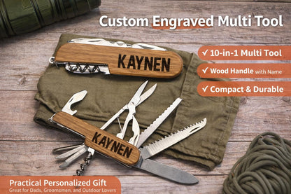 Personalized Wooden Multi Tool | 10 in 1 Pocket Knife | Custom Engraved Name Tool - Crimson and Lace LLC