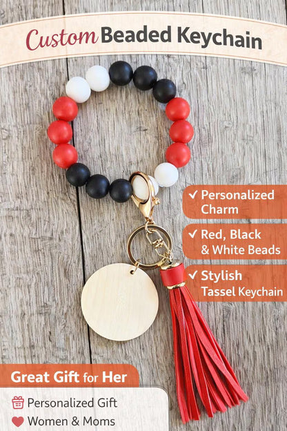 Personalized Beaded Wristlet Keychain | Red Black White Key Ring with Tassel | Custom Wood Charm - Crimson and Lace LLC