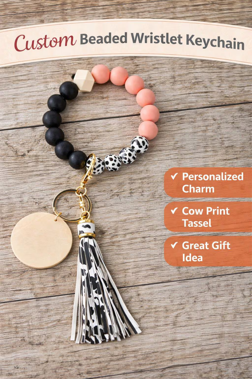 Personalized Beaded Wristlet Keychain | Cow Print Tassel Key Ring | Custom Wood Charm - Crimson and Lace LLC
