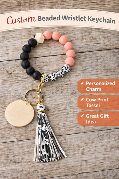Personalized Beaded Wristlet Keychain | Cow Print Tassel Key Ring | Custom Wood Charm - Crimson and Lace LLC