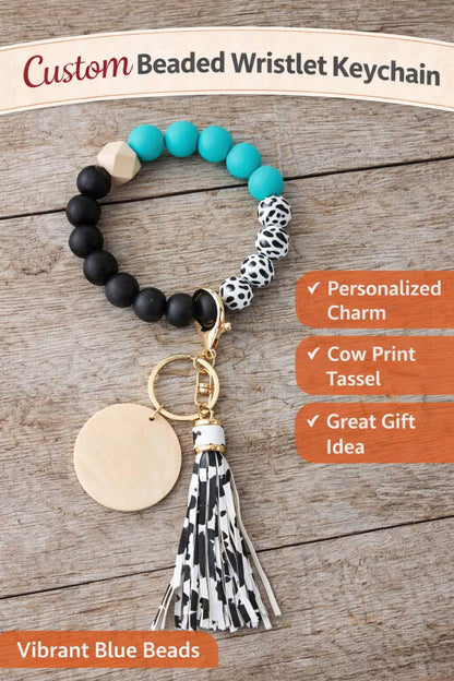 Personalized Beaded Wristlet Keychain | Cow Print Tassel Key Ring | Custom Wood Charm - Crimson and Lace LLC