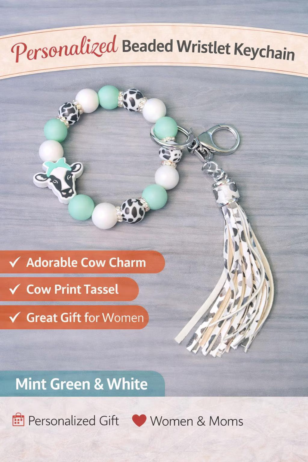 Personalized Beaded Wristlet Keychain with Charm | Cow Print Tassel | Custom Name Keychain - Crimson and Lace LLC