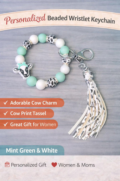 Personalized Beaded Wristlet Keychain with Charm | Cow Print Tassel | Custom Name Keychain - Crimson and Lace LLC