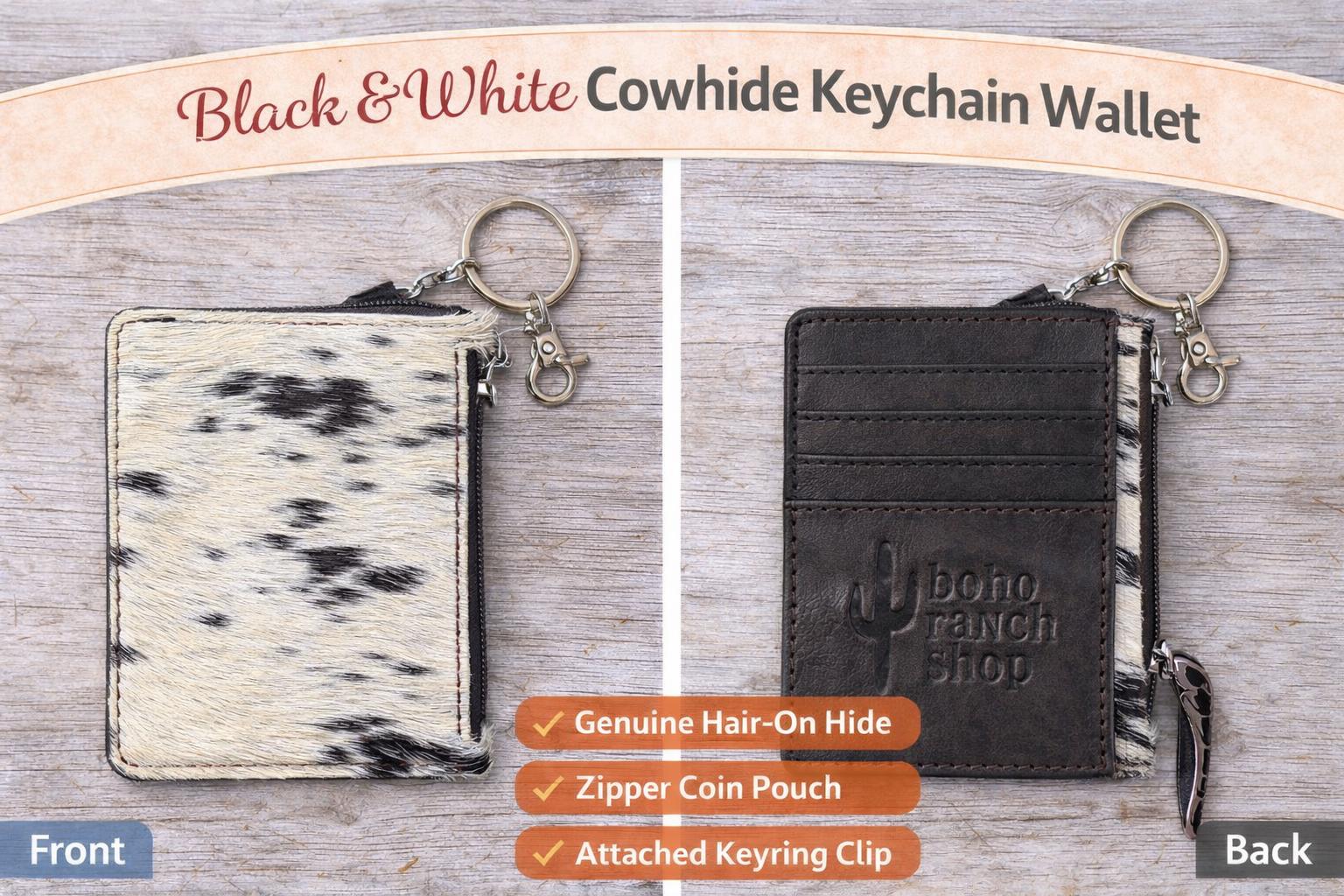 Black & White Cowhide Keychain Wallet | Genuine Hair On Hide Card Holder | Zipper Coin Pouch | Small Western Wallet for Women - Crimson and Lace LLC