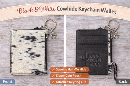 Black & White Cowhide Keychain Wallet | Genuine Hair On Hide Card Holder | Zipper Coin Pouch | Small Western Wallet for Women - Crimson and Lace LLC