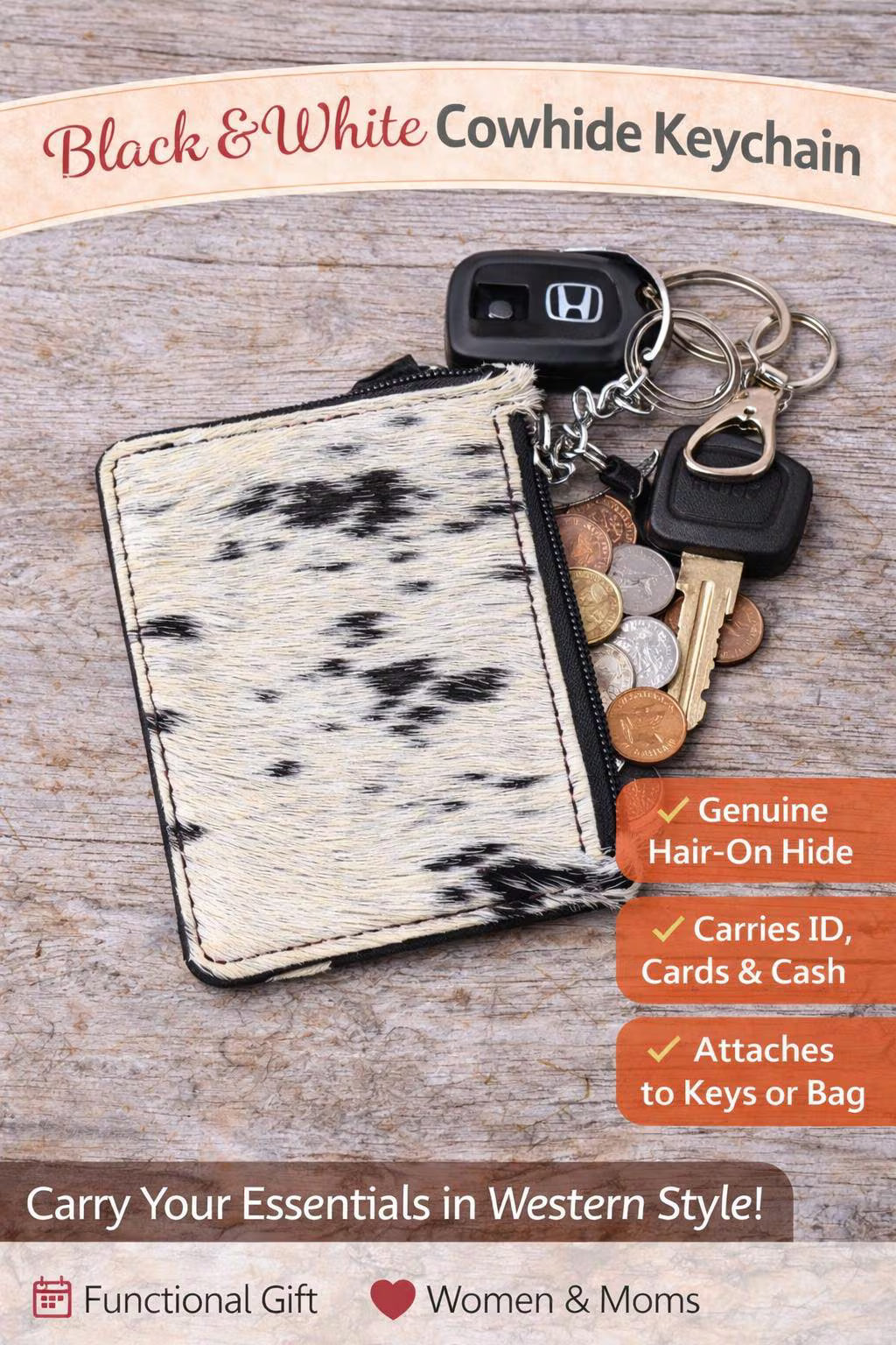 Black & White Cowhide Keychain Wallet | Genuine Hair On Hide Card Holder | Zipper Coin Pouch | Small Western Wallet for Women - Crimson and Lace LLC