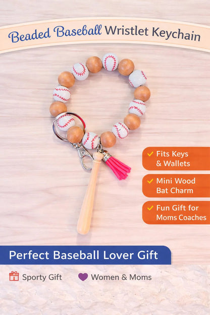 Baseball Beaded Keychain | Game Day Keychain Bracelet | Sports Wristlet with Bat Charm & Tassel - Crimson and Lace LLC