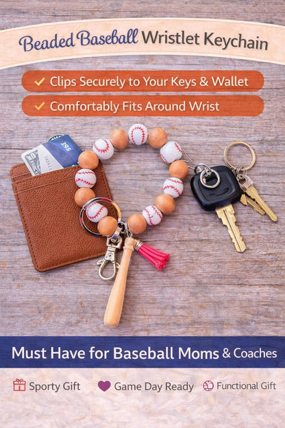 Baseball Beaded Keychain | Game Day Keychain Bracelet | Sports Wristlet with Bat Charm & Tassel - Crimson and Lace LLC