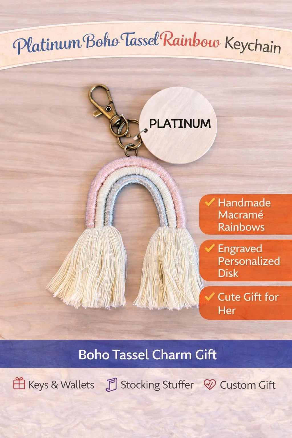 Gold Ribbon Boho Keychain with Tassel | Handmade Macramé Rainbow Keychain | Gift for Her | Personalized Charm - Crimson and Lace LLC