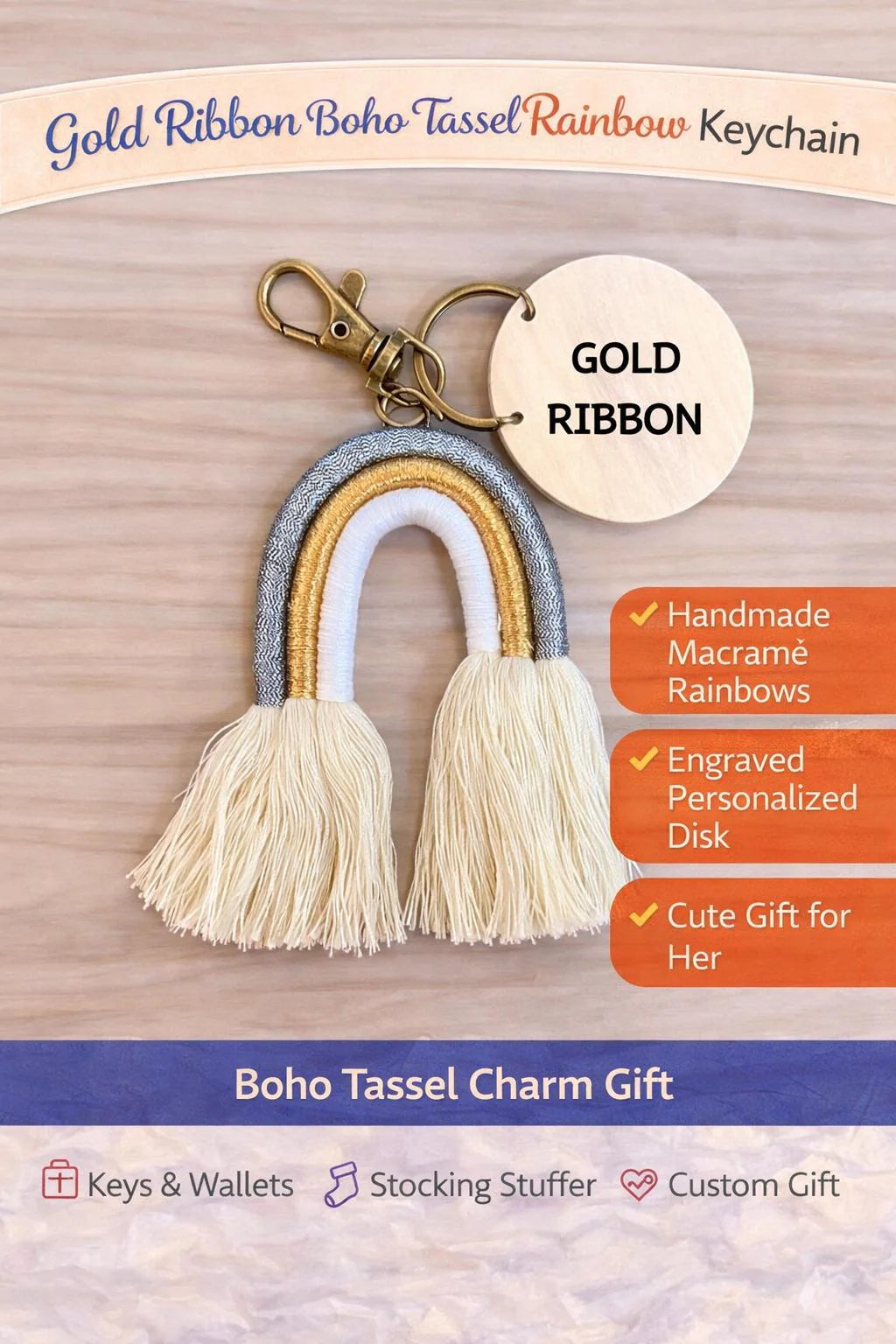 Gold Ribbon Boho Keychain with Tassel | Handmade Macramé Rainbow Keychain | Gift for Her | Personalized Charm - Crimson and Lace LLC
