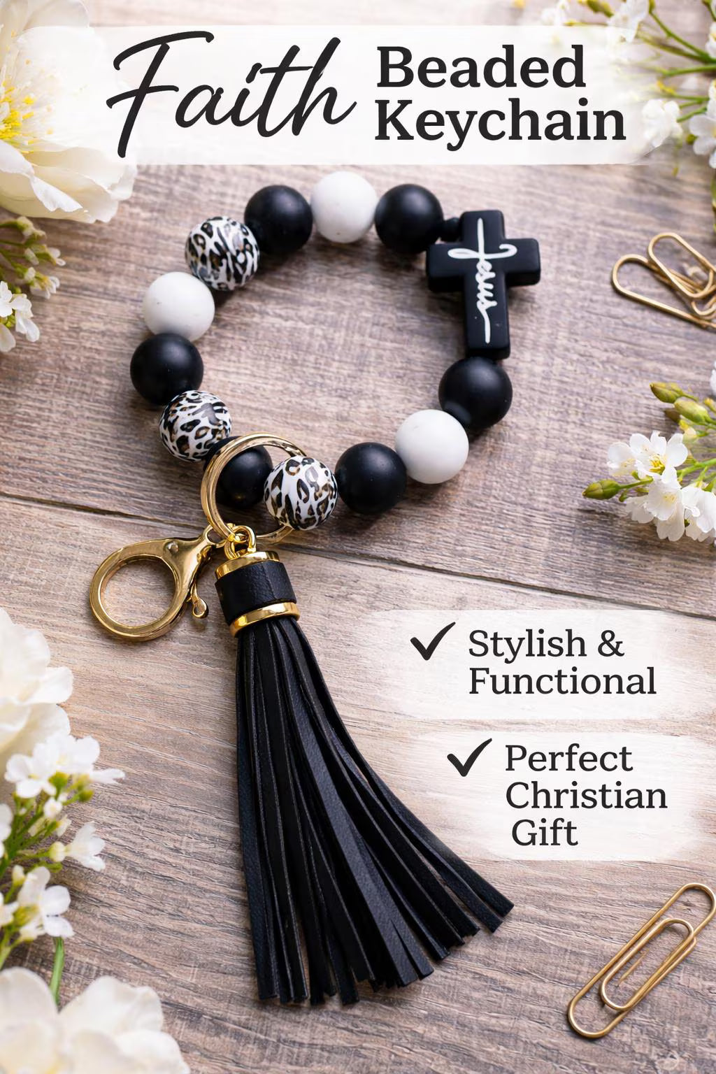 Faith Beaded Wristlet Keychain | Black & White Animal Print | Cross Keychain | Christian Gift - Crimson and Lace LLC