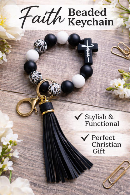 Faith Beaded Wristlet Keychain | Black & White Animal Print | Cross Keychain | Christian Gift - Crimson and Lace LLC