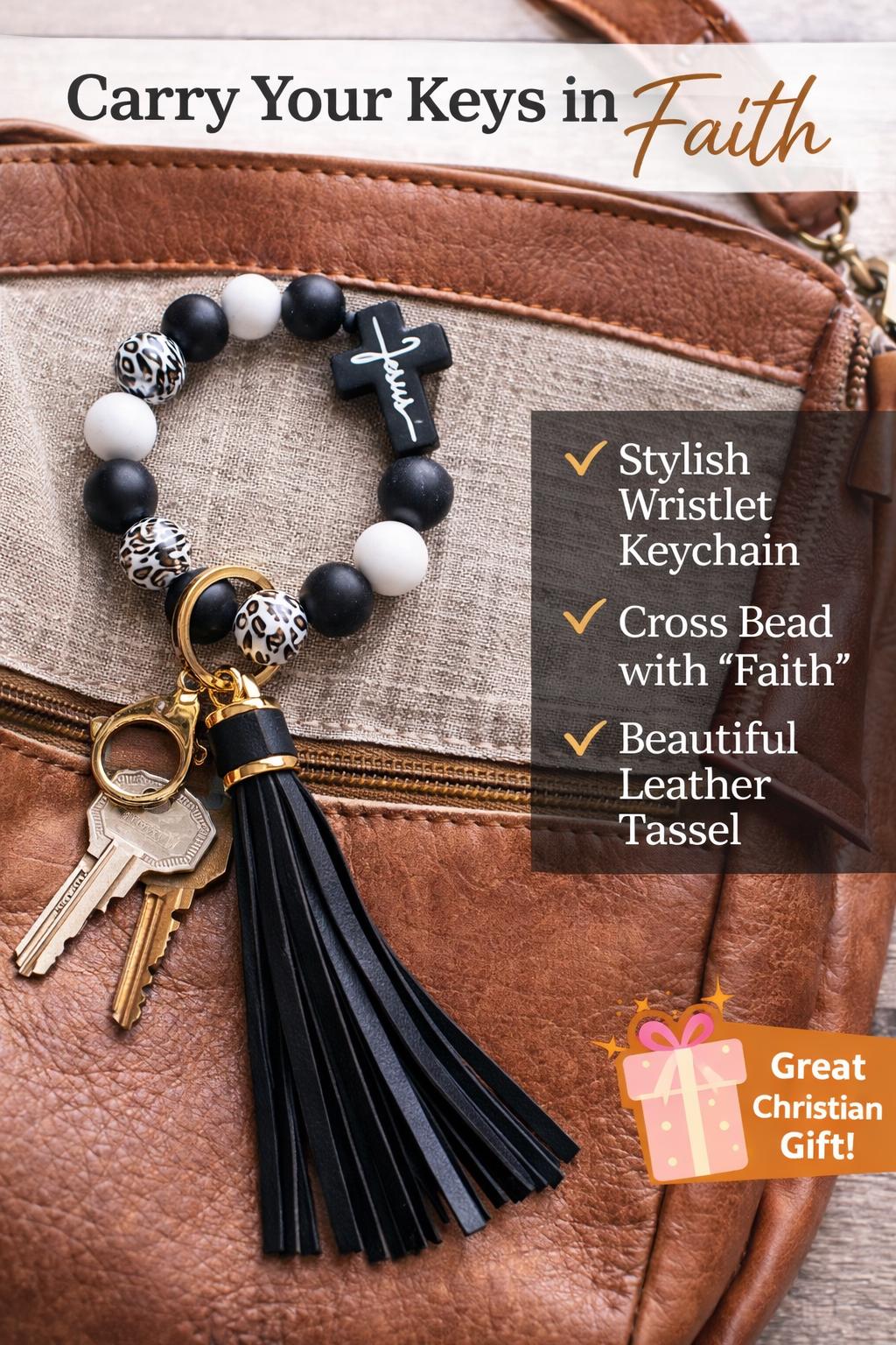Faith Beaded Wristlet Keychain | Black & White Animal Print | Cross Keychain | Christian Gift - Crimson and Lace LLC