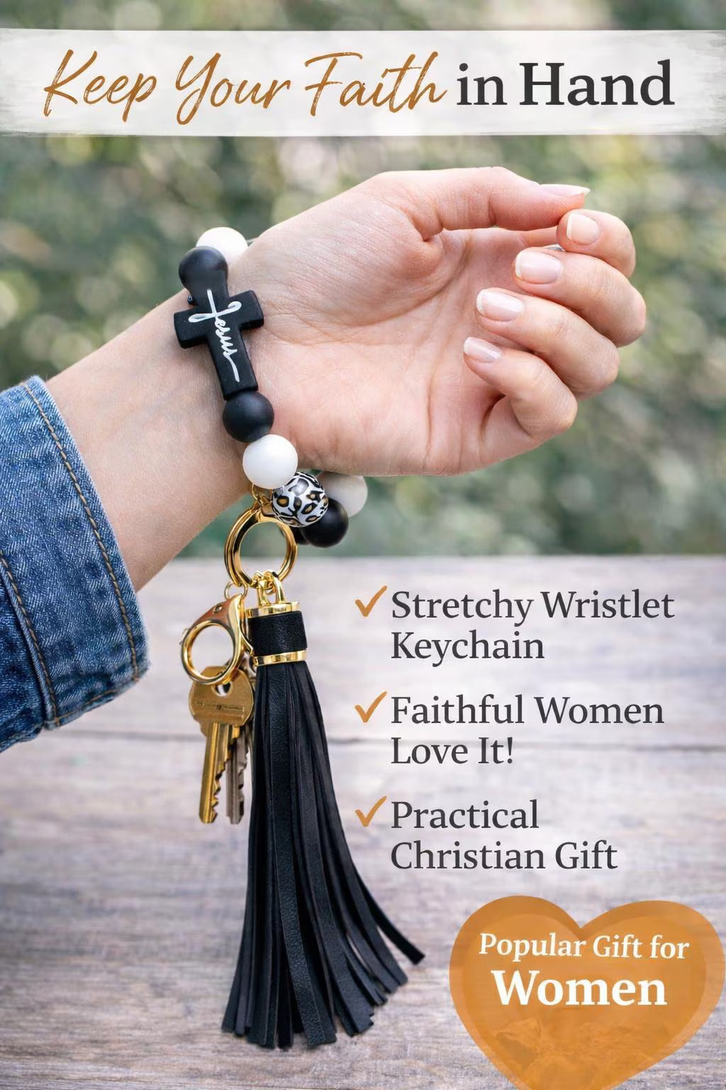 Faith Beaded Wristlet Keychain | Black & White Animal Print | Cross Keychain | Christian Gift - Crimson and Lace LLC