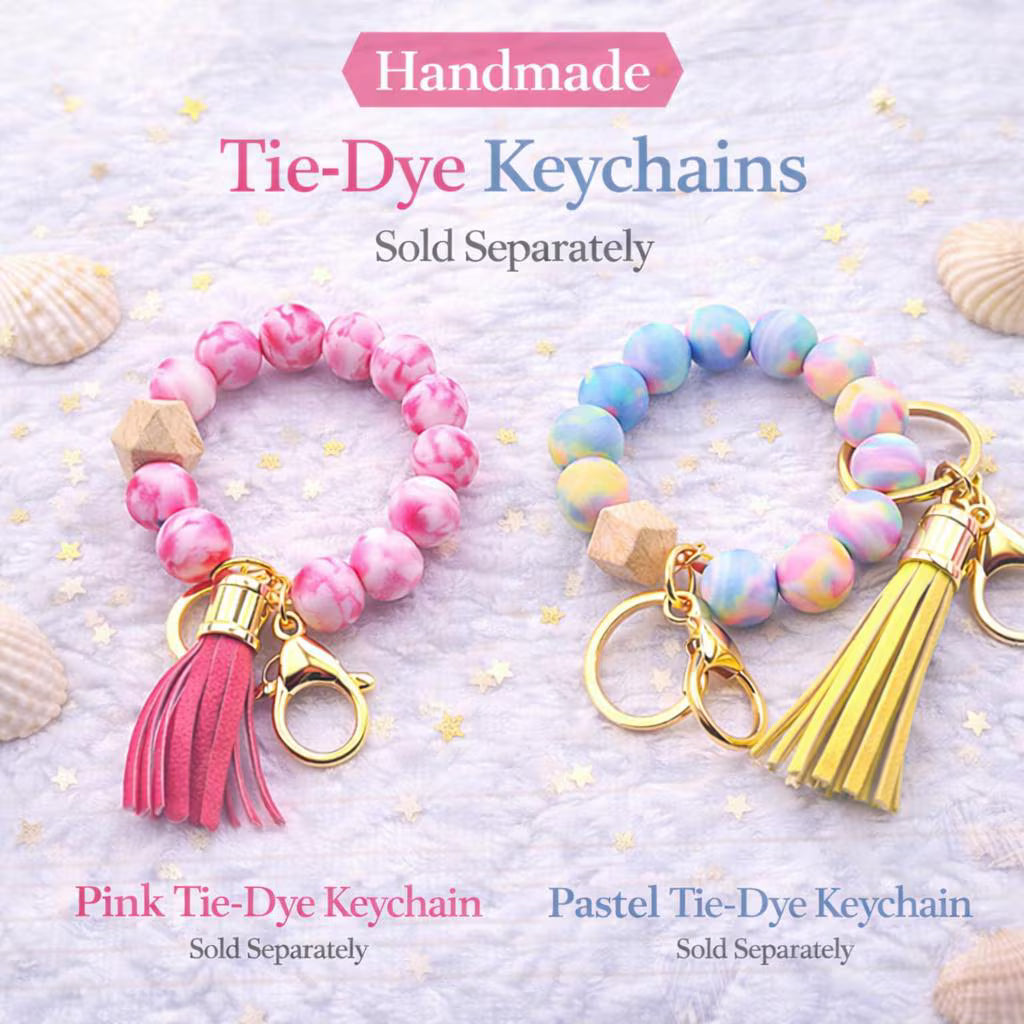 Tie Dye Beaded Wristlet Keychain | Stretchy Silicone Key Ring with Tassel - Crimson and Lace LLC