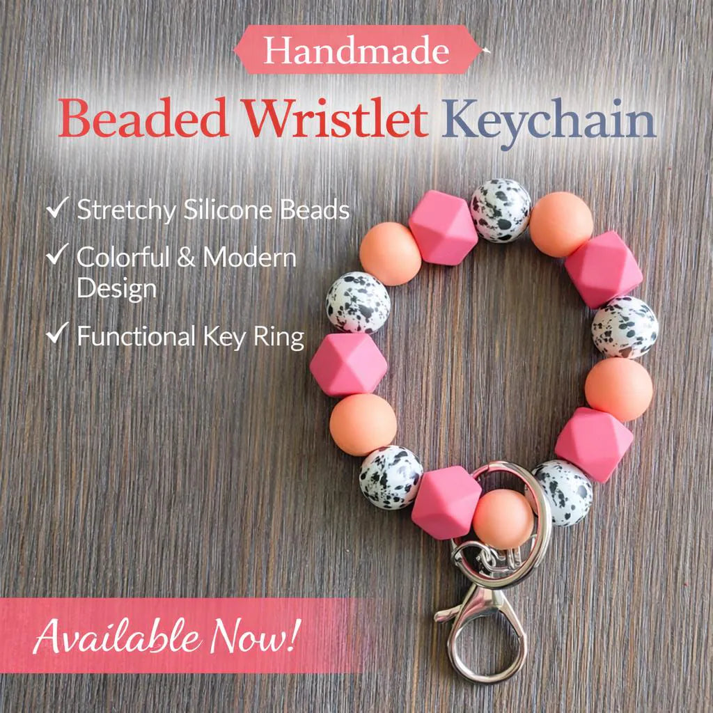 Coral & Peach Silicone Beaded Wristlet Keychain | Stretchy Bracelet Key Ring with Lobster Clasp - Crimson and Lace LLC
