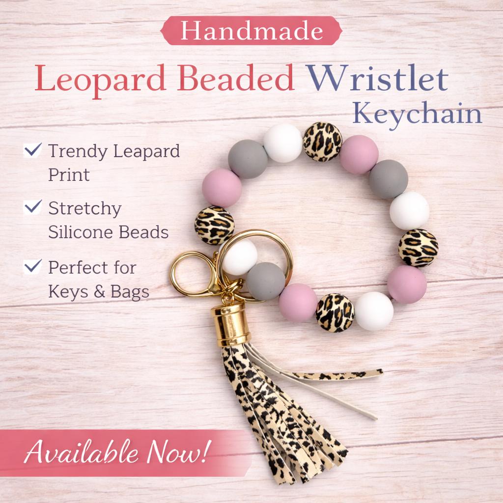 Leopard Print Beaded Wristlet Keychain | Silicone Bead Keyring with Tassel - Crimson and Lace LLC