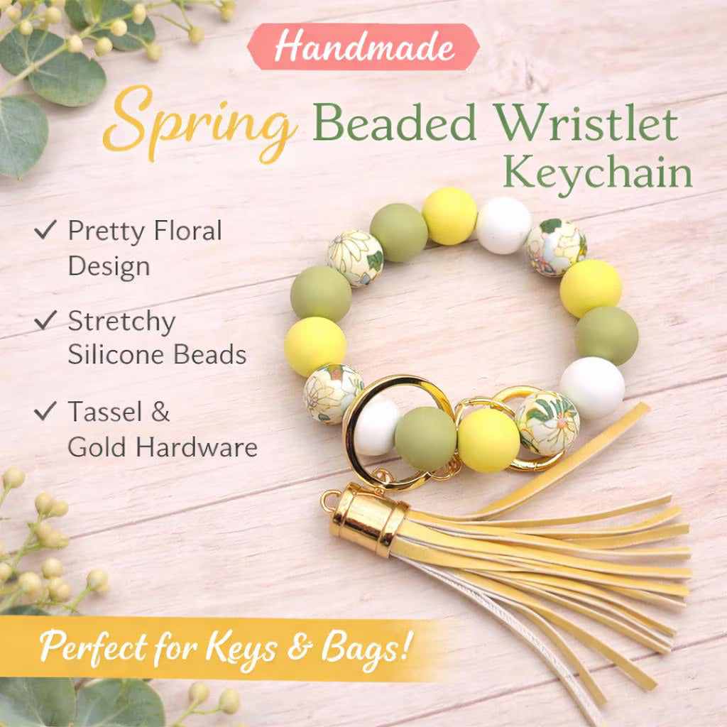 Floral Beaded Wristlet Keychain | Yellow and Sage Silicone Beads - Crimson and Lace LLC